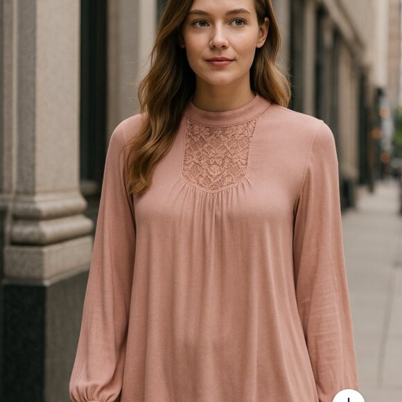 #214 POL Pink Pleated Long Sleeve Blouse with Mandarin Collar - Picture 1 of 6